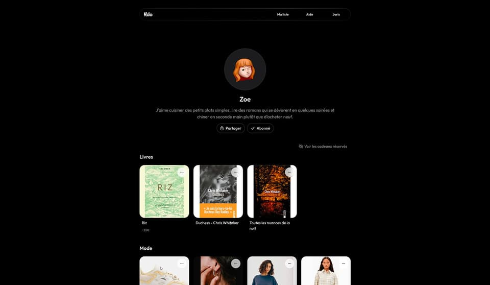 Aperçu de kdo : la liste de cadeaux de Zoé, avec ses livres et ses envies mode