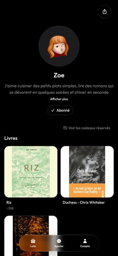 Aperçu de kdo : la liste de cadeaux de Zoé, avec ses livres et ses envies mode