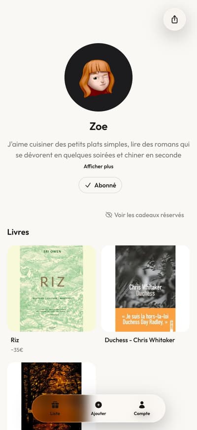 Aperçu de kdo : la liste de cadeaux de Zoé, avec ses livres et ses envies mode